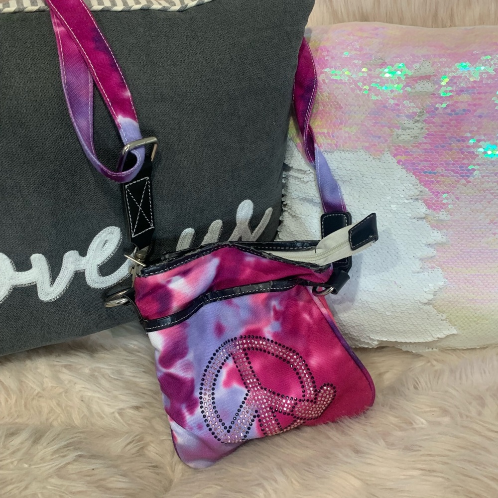 Top Trenz Tie Dye Rhinestone Peace/Heart Crossbody Bag
